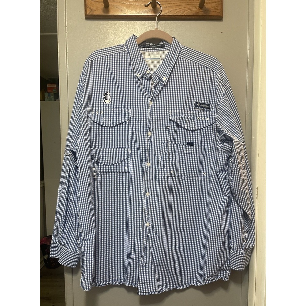 Columbia Pfg Super Bonehead Blue/ White  Vented Fishing Shirt Men's Large
